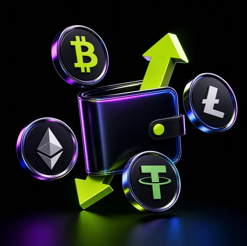 Crypto payment logos BTC, ETH, USDT and LTC