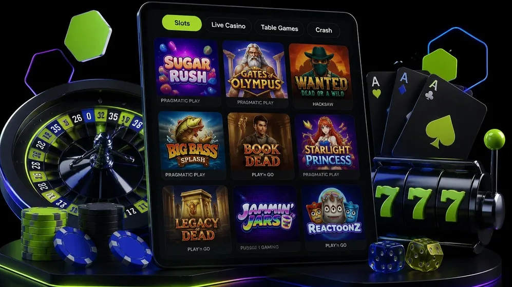Grid of slot thumbnails from Pragmatic Play, NetEnt and other providers